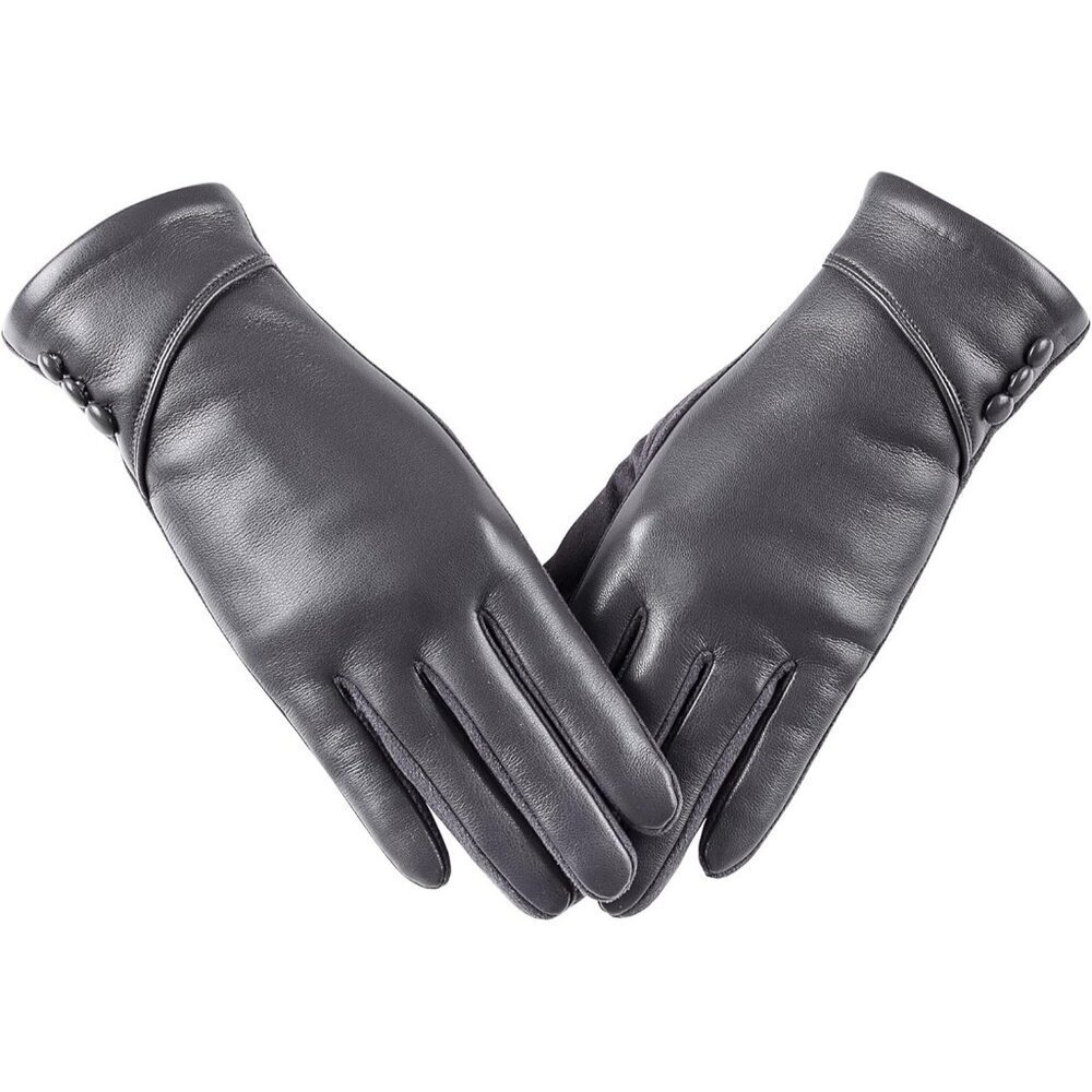 Women's Grey Winter Leather Suede Gloves Wool Lined Windproof Touchscreen